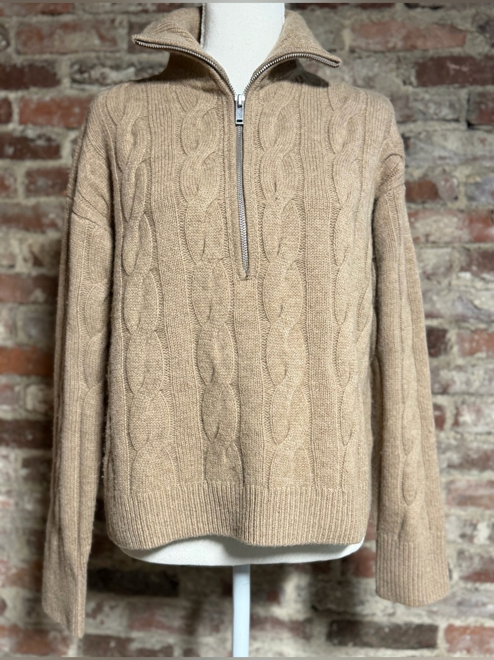 Everlane The Cable Half-Zip Sweater in Luxe Merino RWS Wool Bone Beige